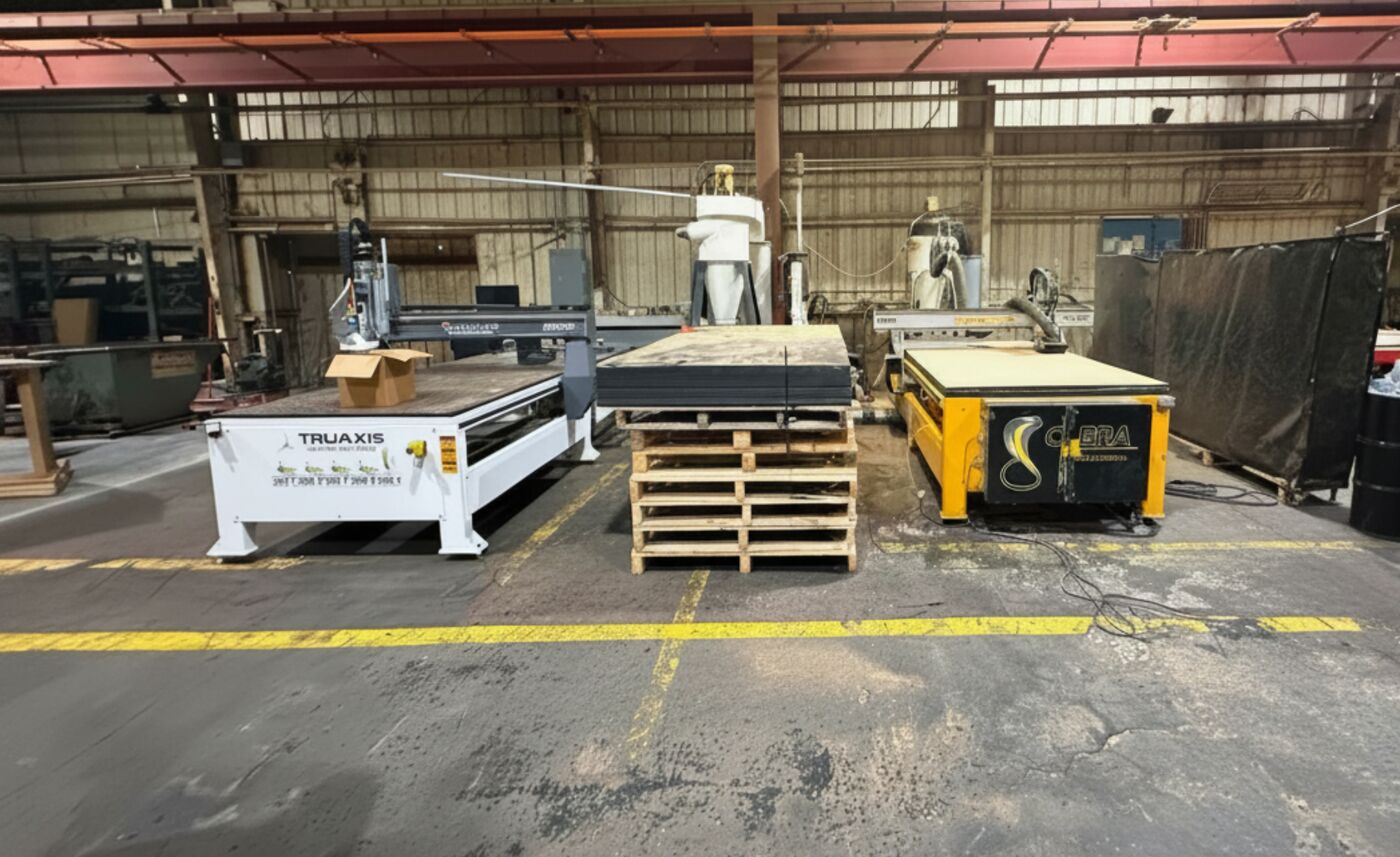 A new-generation TruAxis Panther on the left and an earlier-generation Cobra on the right, both in service on a customer's shop floor.