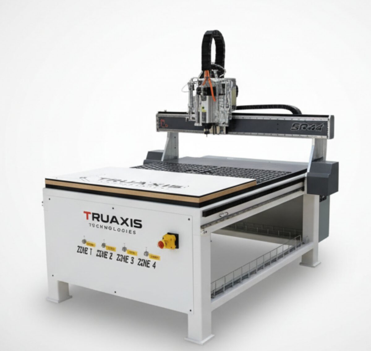 TruAxis Stinger CNC router seen from the front left, with a bridge gantry over a four-zone vacuum table.